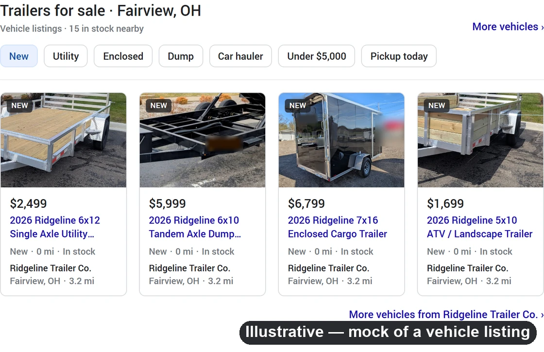 A mock of Google's vehicle listings module headed “Trailers for sale · Fairview, OH”, showing four trailers from the demo dealership — a $2,499 utility trailer, a $5,999 dump trailer, a $6,799 enclosed cargo trailer and a $1,699 ATV trailer — each with a photo, price, year and model, a New · 0 mi · In stock line, and Ridgeline Trailer Co. · Fairview, OH · 3.2 mi underneath.