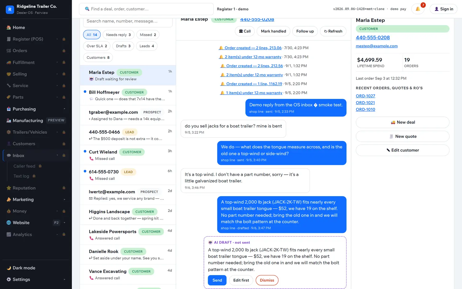 The Inbox with a customer thread open and an AI-drafted reply waiting in a box marked not sent.