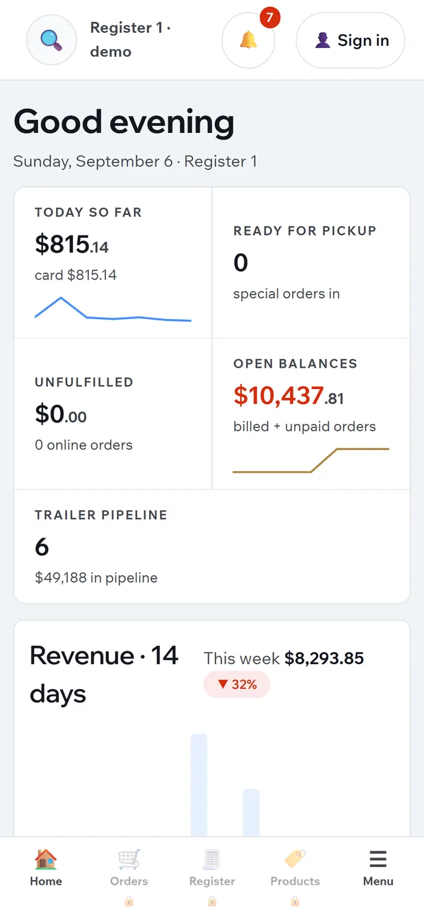 Dealer OS running on a phone: the same home dashboard with today's takings, ready for pickup, unfulfilled, open balances and the trailer pipeline stacked two-up, a revenue chart below, and a bottom tab bar for Home, Orders, Register, Products and Menu.