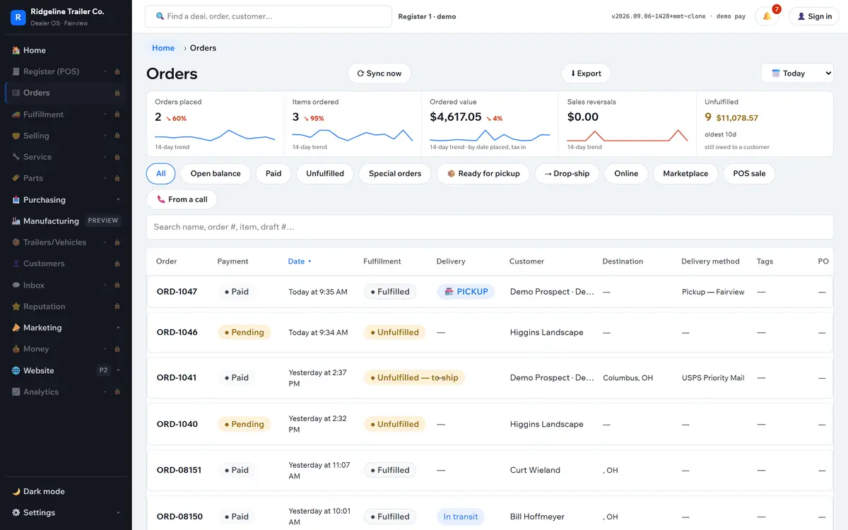 The Orders ledger with web, counter, phone and marketplace orders in one list, each row showing its channel, payment state and fulfillment state.