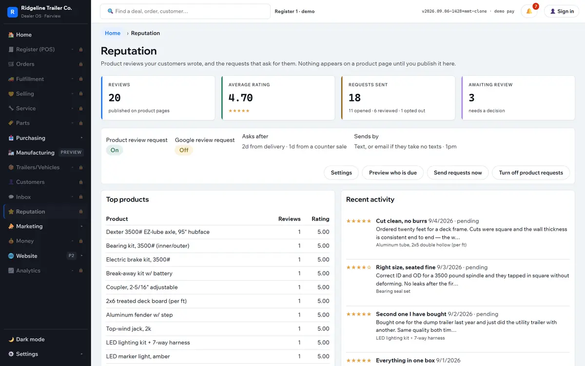 The Reputation screen with published customer reviews, their star ratings, and moderation controls to approve, reject or answer as the owner.