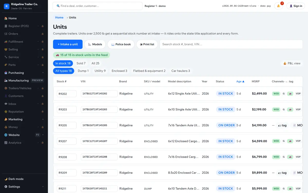 The Units screen listing serialized trailers by stock number and VIN with brand, model, year, in-stock or on-order status, days on the lot, price, and a feed-ready count showing how many in-stock units are live in the vehicle feed.