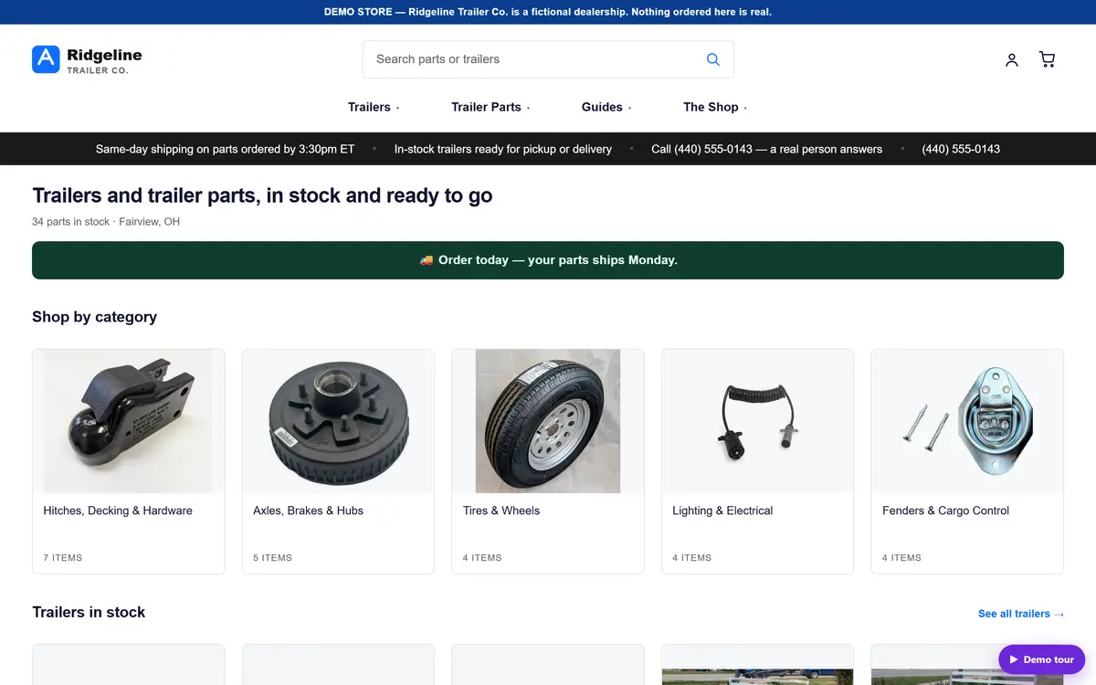 The store's own storefront home page with category tiles across the top, featured products below, and the shop's hours and pickup location.
